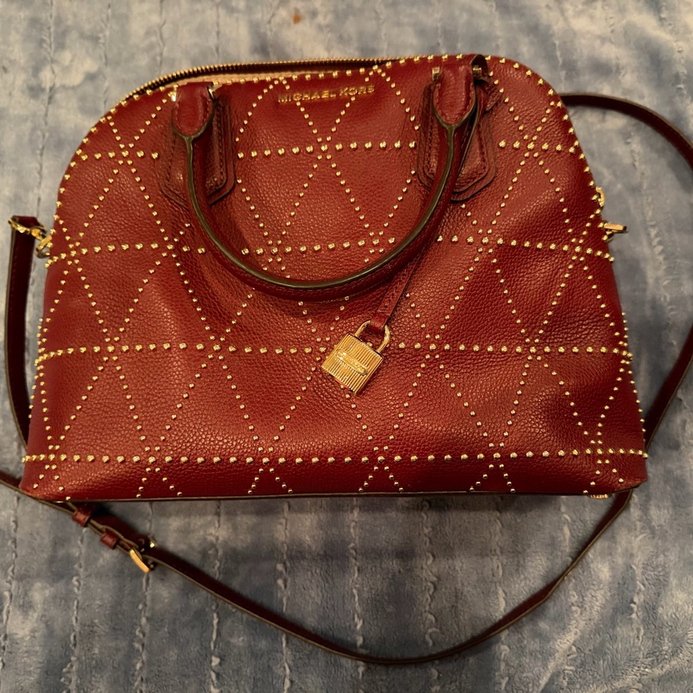 Michael Kors Burgundy Satchel with Gold Studs